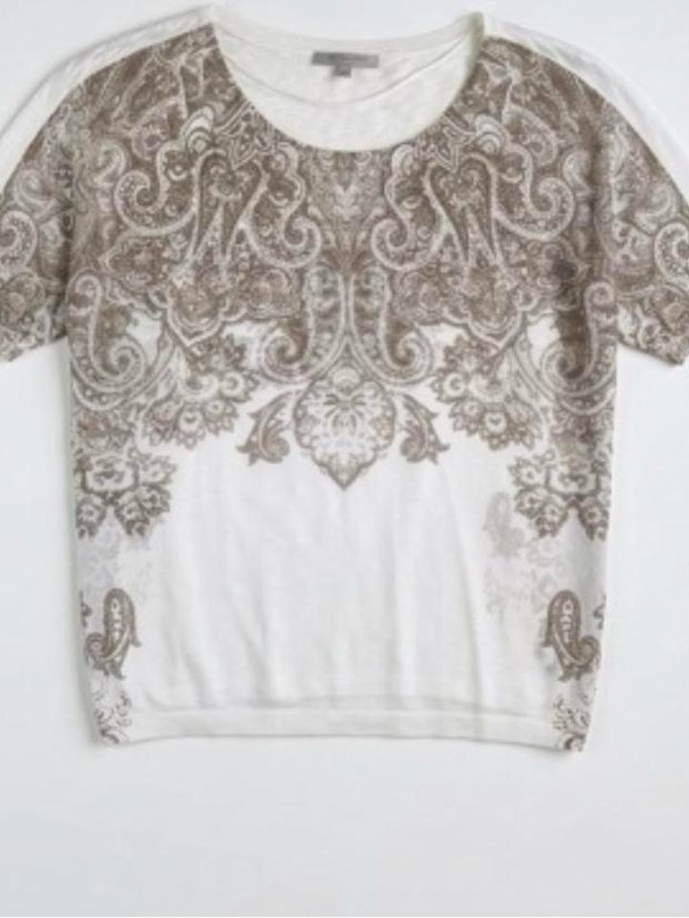 Comma Casual Identity Short-Sleeve Paisley Crewneck Blouse in Cream and Taupe